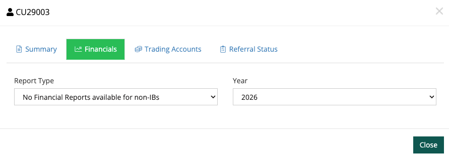 Client profile Financials tab showing Report Type dropdown with No Financial Reports available for non-IBs and Year 2026 selector